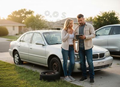 Couple examining car repair options on tablet