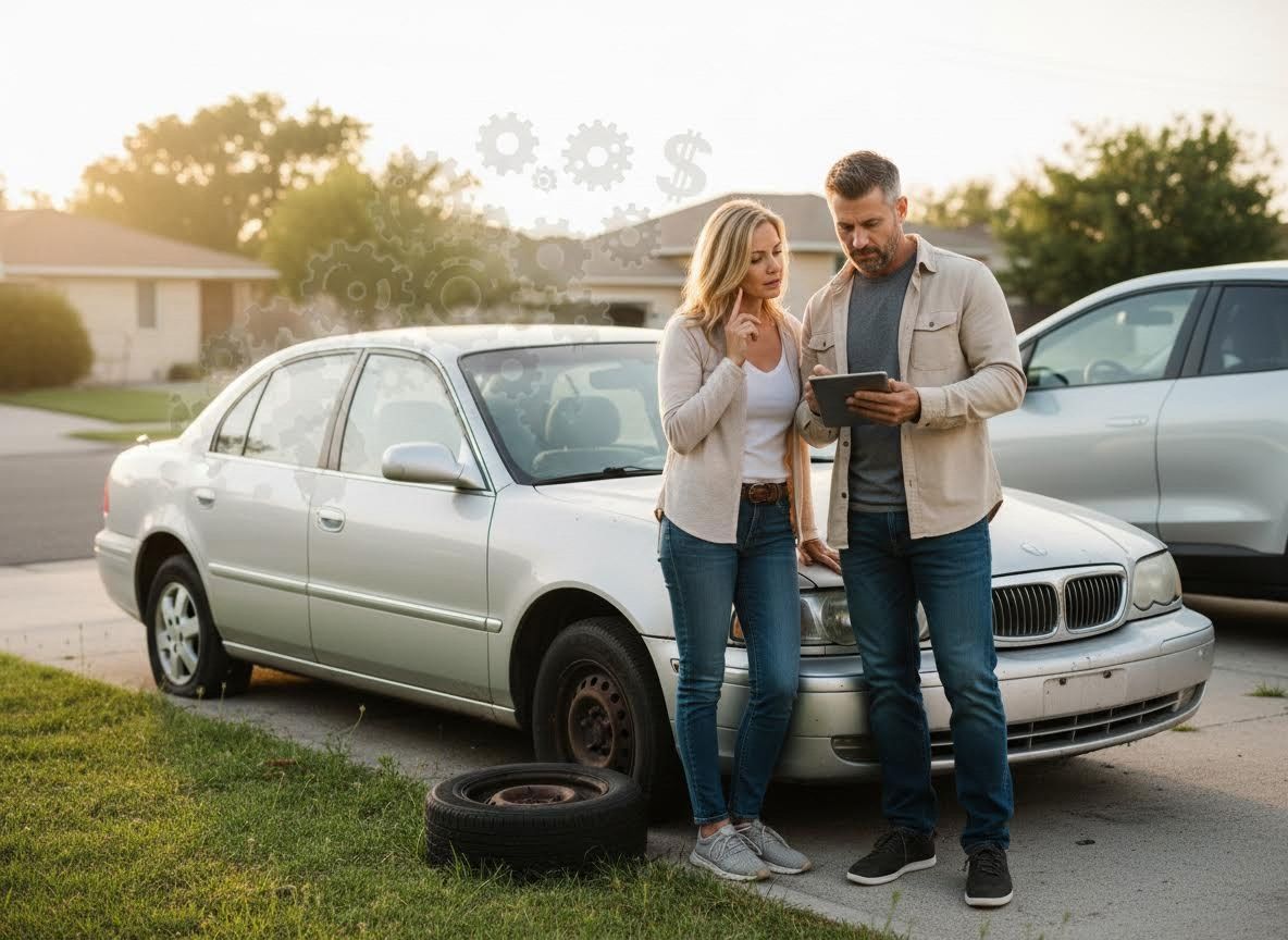 Couple examining car repair options on tablet