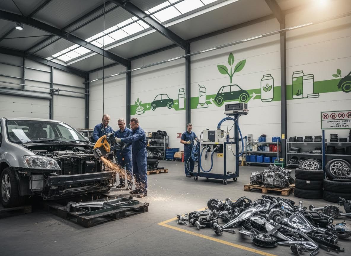 Car Recycling Facility with Workers Dismantling Vehicles