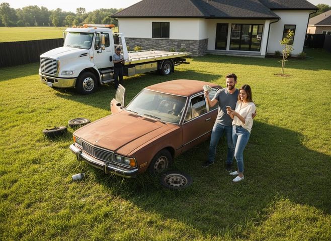 A happy couple stands by their rusty old car in a yard. The man holds cash, while the woman uses her phone, as a tow truck waits to haul it away. Couple Sells Junk Car for Cash