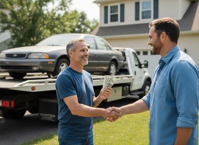 Men Shaking Hands After Selling a Car for Cash