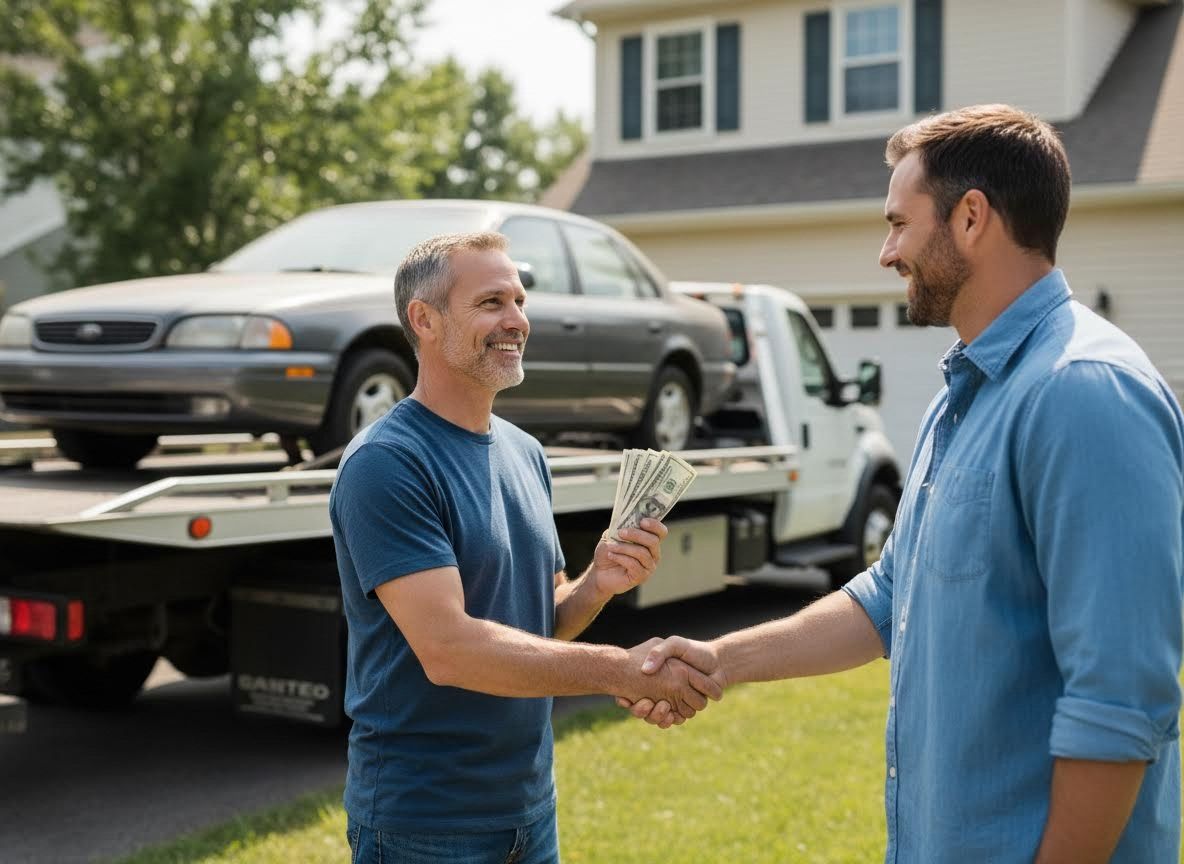 Men Shaking Hands After Selling a Car for Cash