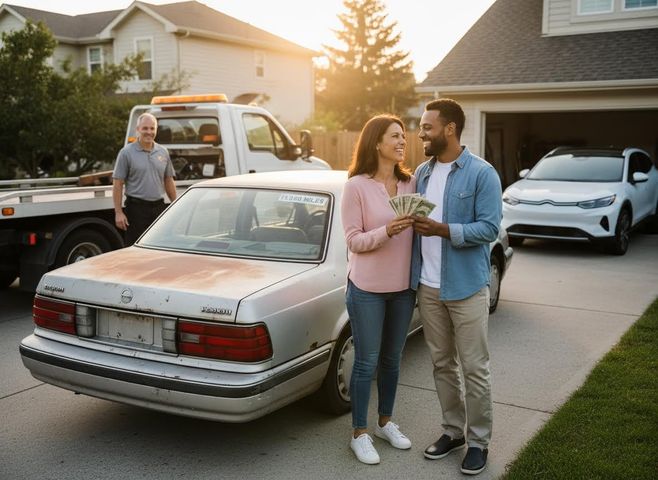 A smiling couple holds cash in front of their rusty old car and a tow truck, with a new white SUV in the garage. Couple receives cash for an old car in their driveway
