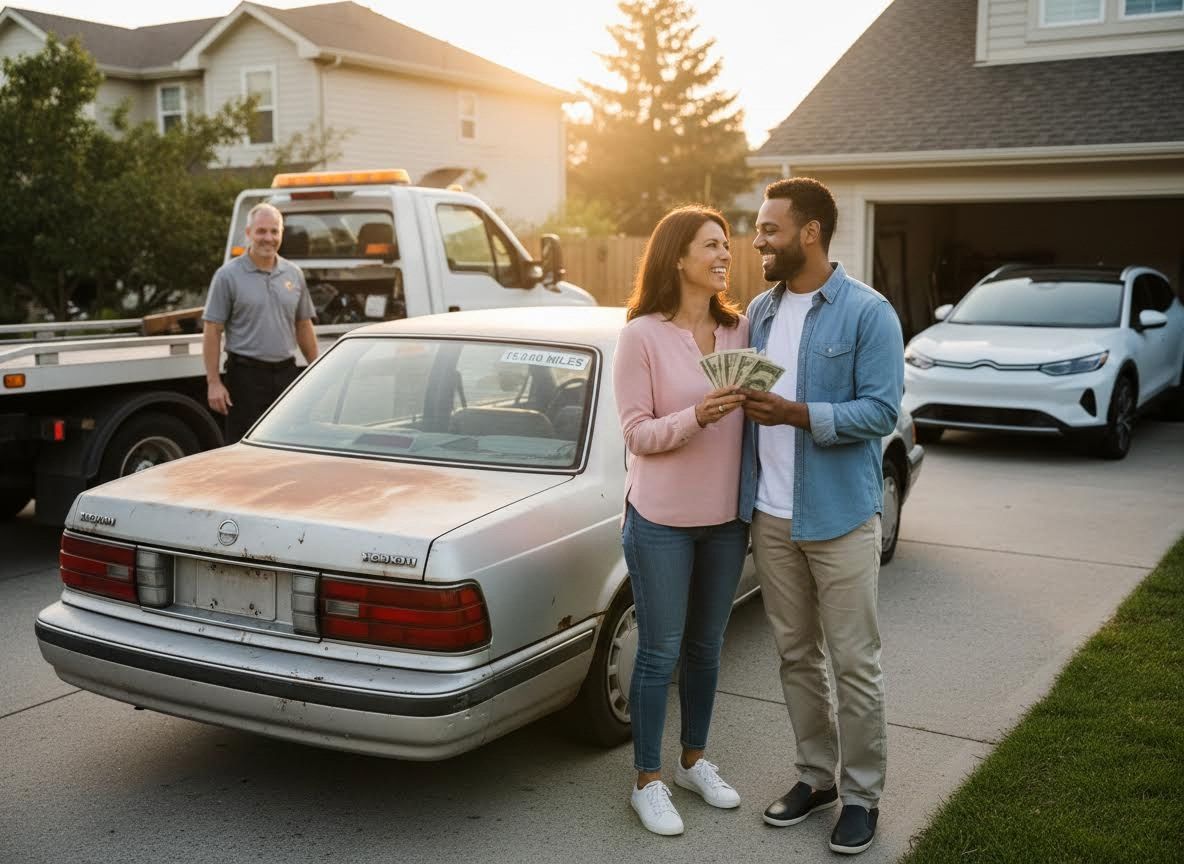 Couple receives cash for an old car in their driveway