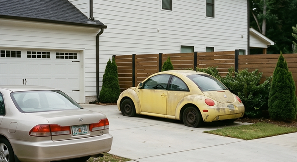 Car Buyers Cash For Junk Cars Atlanta - Abandoned Yellow VW Beetle Driveway Junk Car Removal