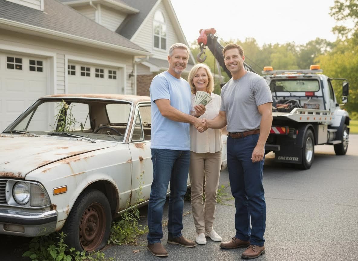 Couple selling old rusty car for cash to a buyer with a tow truck