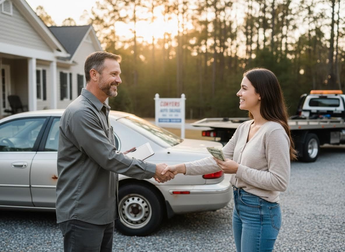 Car sale handshake with cash and tablet