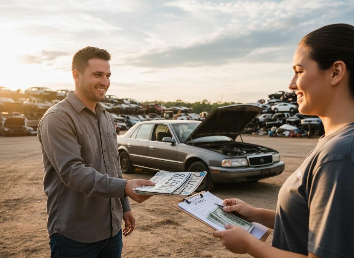 Man sells license plates at junkyard