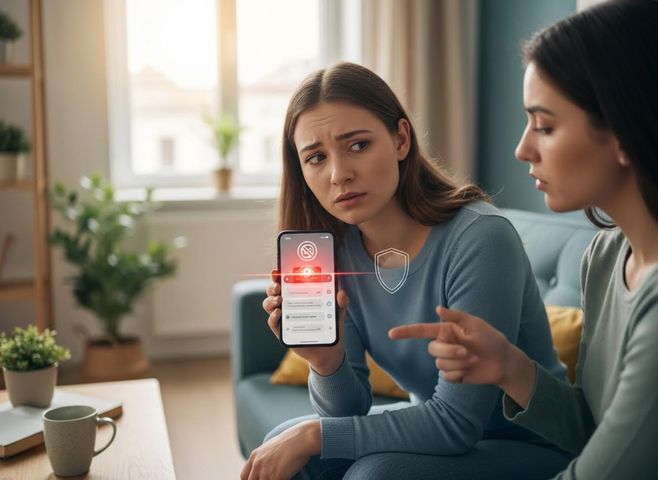 Two young women sitting on a couch, one holding a smartphone displaying a red security alert with a 'no entry' sign. Women concerned about phone security alert
