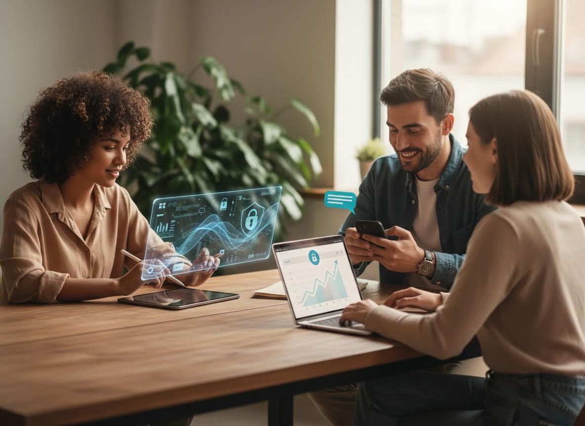 Team Collaborating with Holographic Data and Digital Security