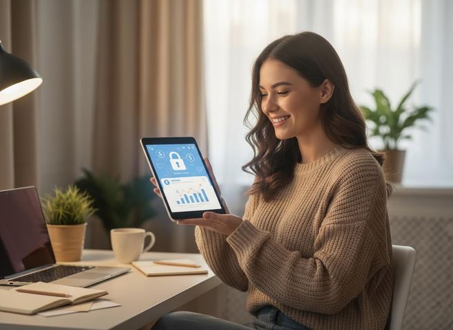 A smiling woman in a beige sweater holds a tablet showing a digital security or financial protection app with a lock icon and charts. Woman reviewing digital security on a tablet