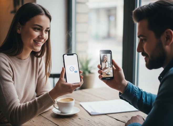 A smiling woman and man at a cafe, each holding a smartphone. The man's phone displays a photo of the woman holding her own phone. Couple Sharing Content on Smartphones at a Cafe