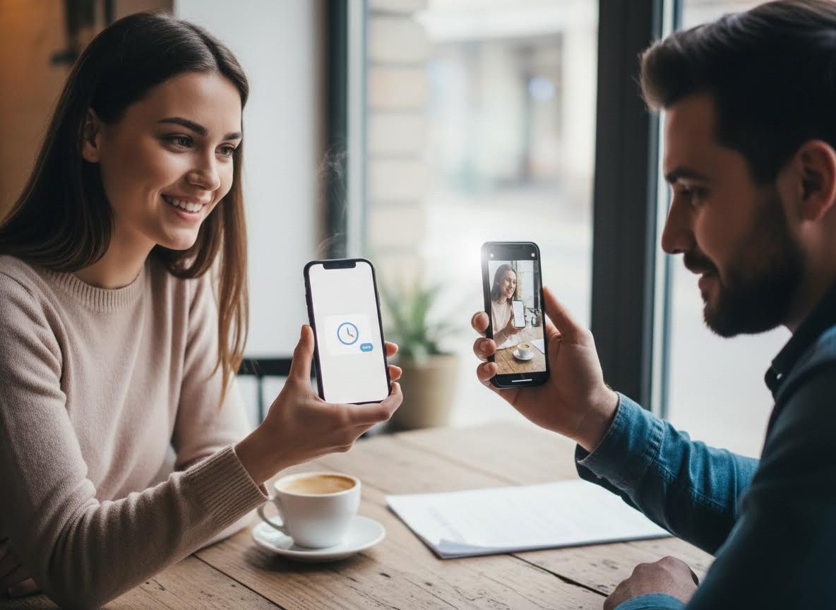 Couple Sharing Content on Smartphones at a Cafe