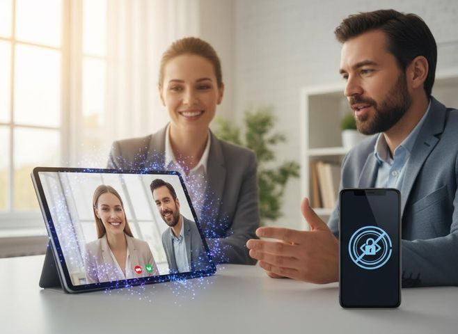 Two business professionals attend a virtual meeting via a secure video call on a tablet, while a smartphone displays a 'no security' icon, symbolizing the importance of data protection. Secure Video Call and Data Protection Contrast