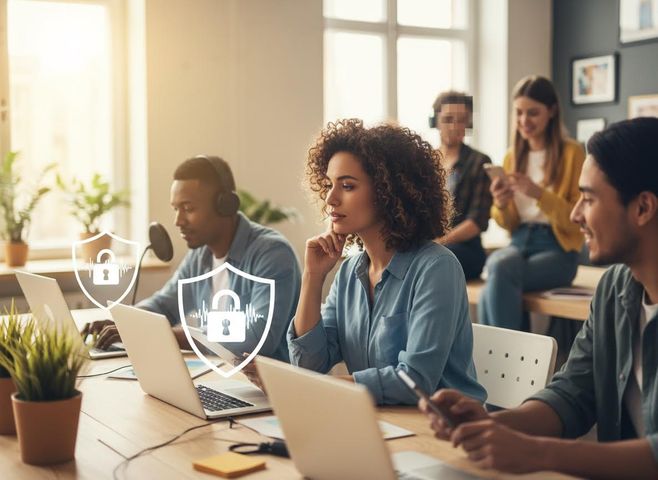 Diverse individuals working on laptops in a sunny office, overlaid with data security shield icons symbolizing protected online activity. Cybersecurity in a modern office