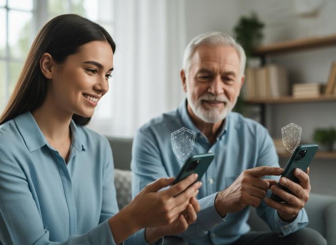 A smiling young woman and older man are shown using their smartphones, both displaying digital shield icons, emphasizing mobile security. Secure Mobile Usage Across Generations