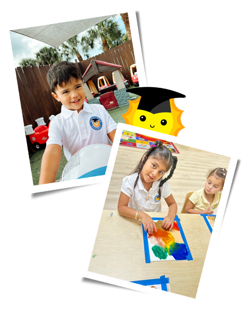 A collage of two students, one smiling outdoors on the playground and the other painting in the classroom.