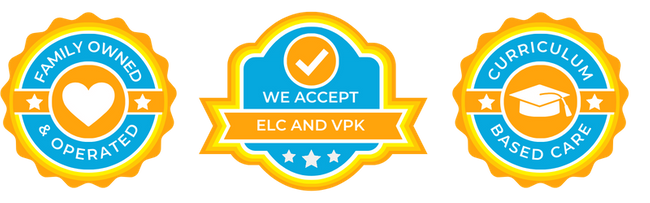 Trust badges for Sunny Side Academy displaying "Family Owned & Operated," "We Accept ELC and VPK," and "Curriculum Based Care."