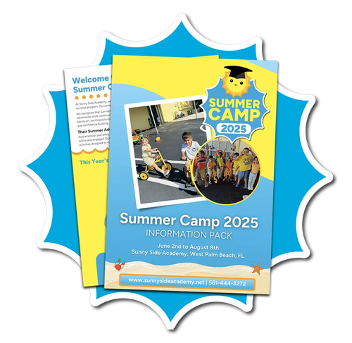 A brochure for the Sunny Side Academy 2025 Summer Camp, featuring children playing with tricycles.