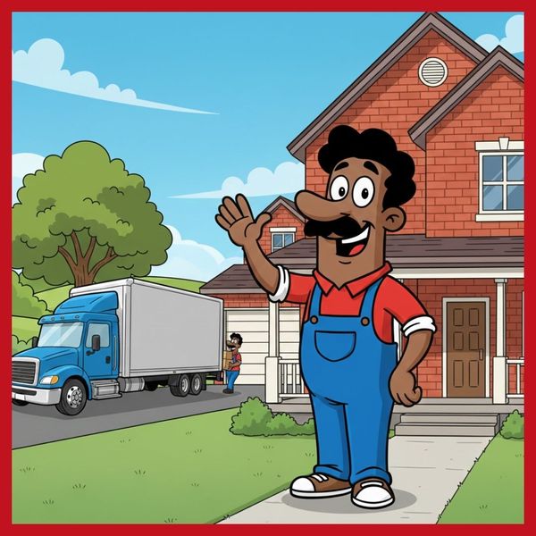 Down South Movings' mascot waving in front of house