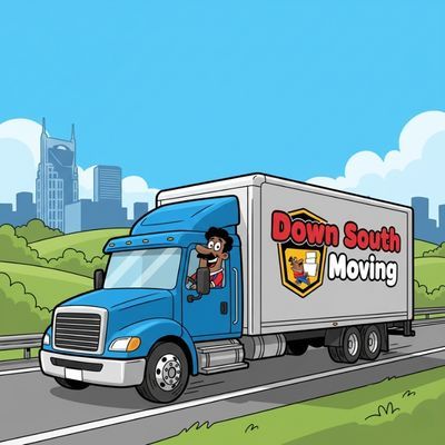 Down South Movings' mascot driving a moving truck with Nashville's skyline in the back
