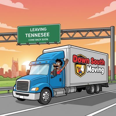 Down South Movings' mascot driving past a "Leaving Tennessee" sign 