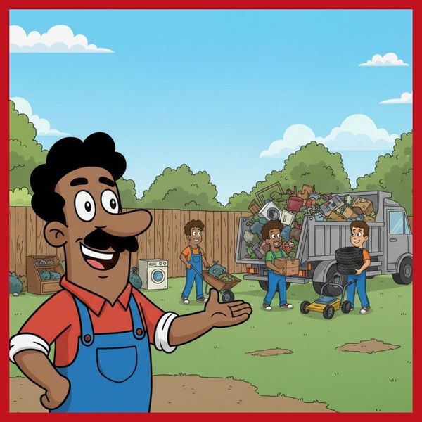 Down South Movings' mascot smiling in front of three workers loading a junk removal trunk