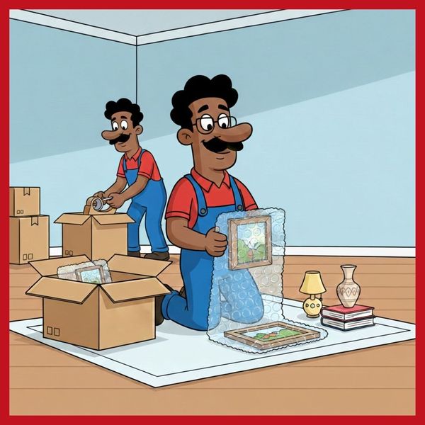 Down South Movings' mascot bubble wrapping picture frames