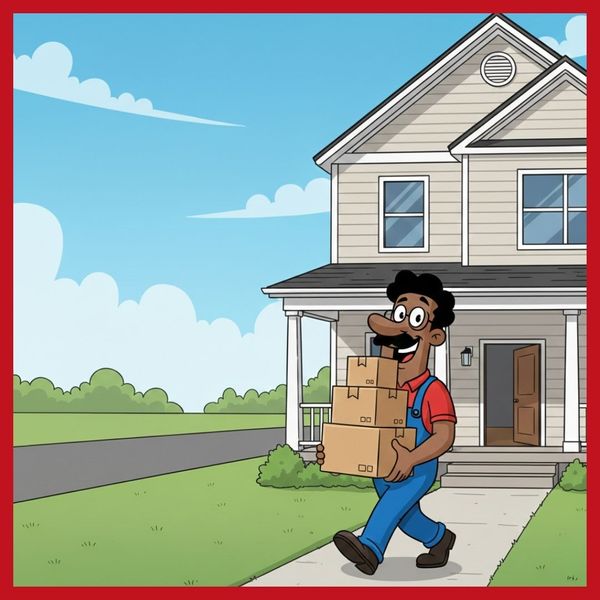 Down South Movings' mascot bubble happily carrying boxes from a home