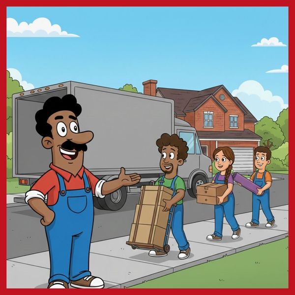 Down South Movings' mascot smiling in front of three workers carrying moving boxes and furniture
