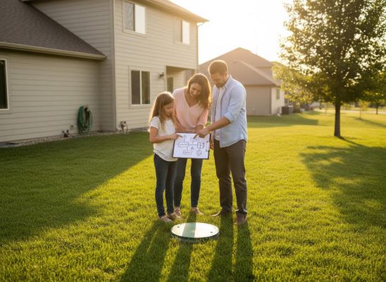 Family reviewing home system diagram in backyard