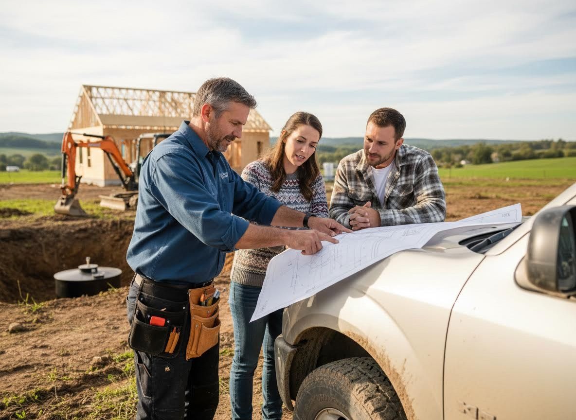 Contractor discusses blueprints with a couple at a new home construction site