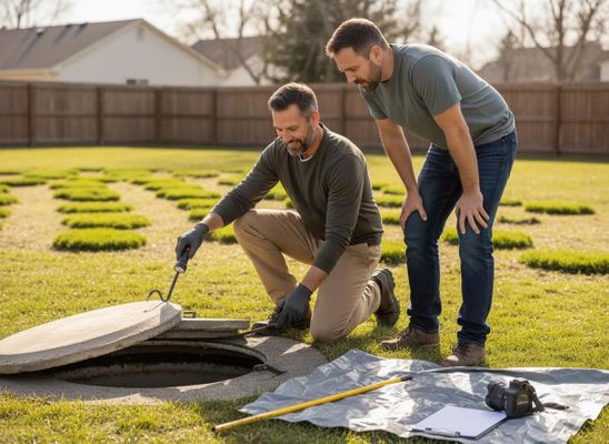 Two Men Inspecting a Septic Tank in a Backyard
