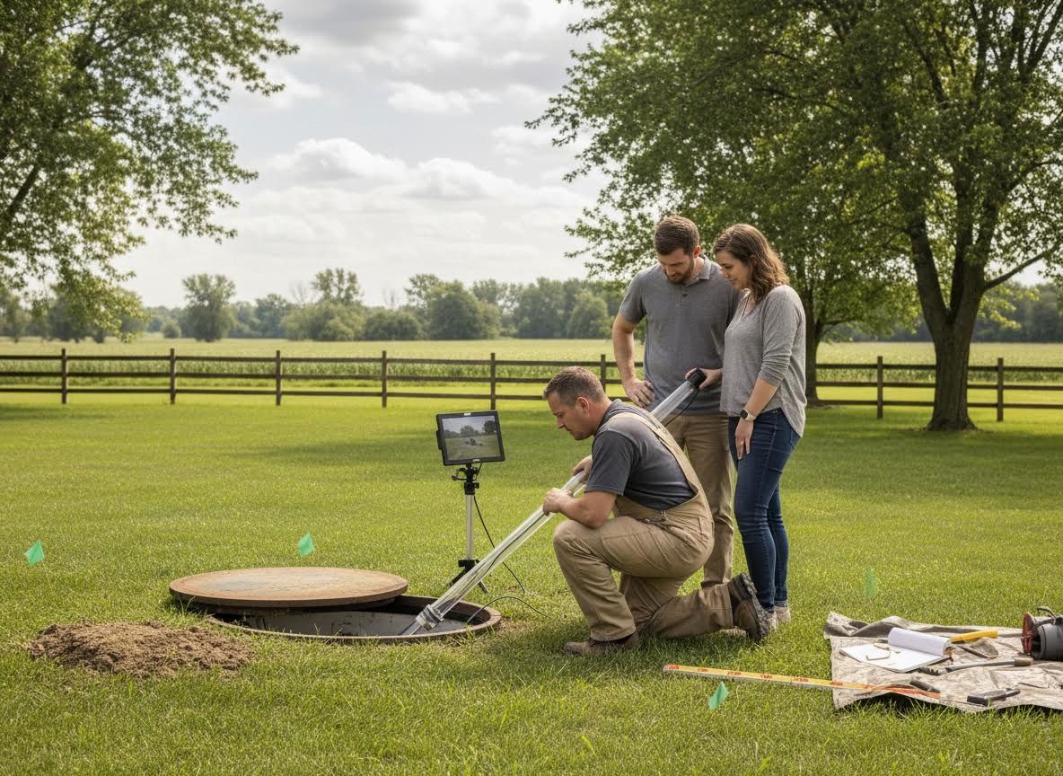 Technician and Homeowners Inspecting Septic Tank