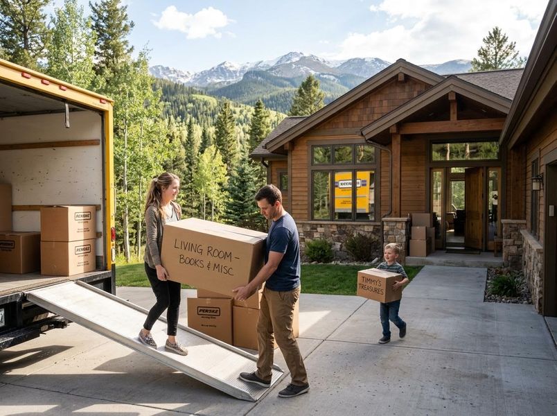 Family moving into new mountain home with a Penske truck