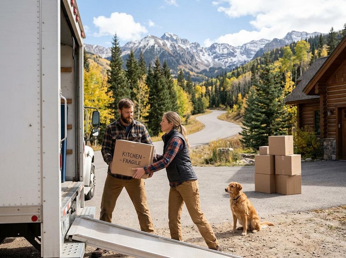 Couple Moving Box with Dog in Mountain Setting