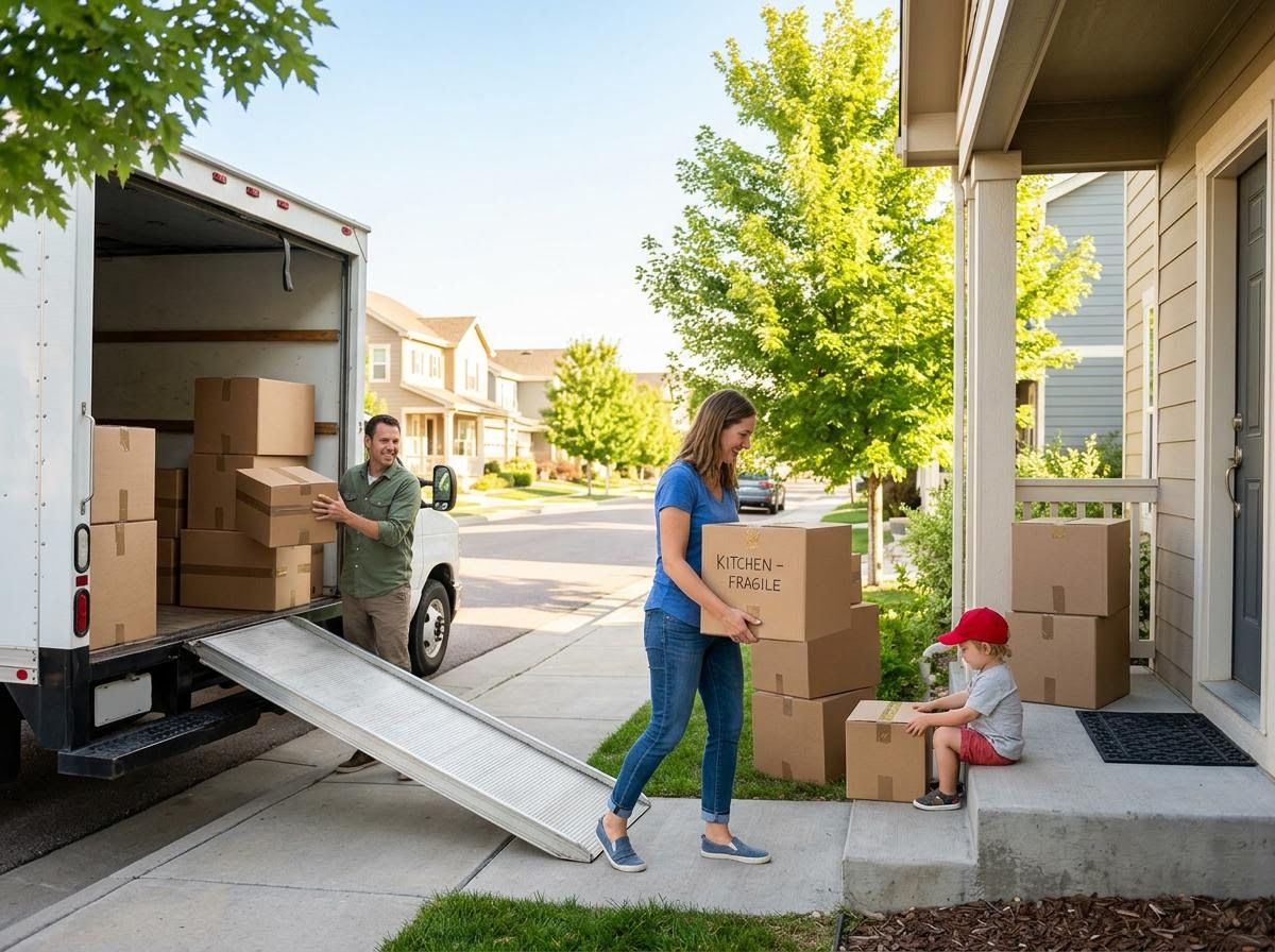 Family Unloading Moving Truck at New Home