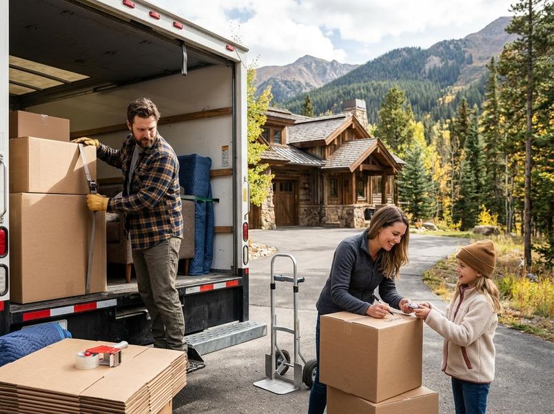 A family loads boxes into a moving truck in front of a scenic rustic house. The man lifts boxes, and the woman labels them with a child's help. Family Moving Boxes into a Truck at a Rustic Mountain Home