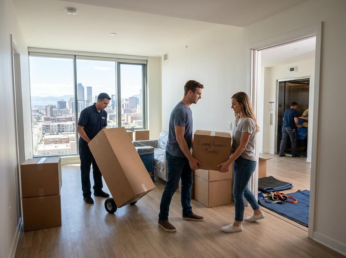 Professional Movers and Couple Relocating in a City Apartment