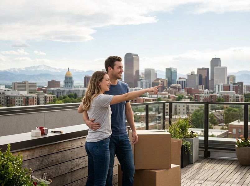 Smiling Couple on Rooftop with City and Mountain View