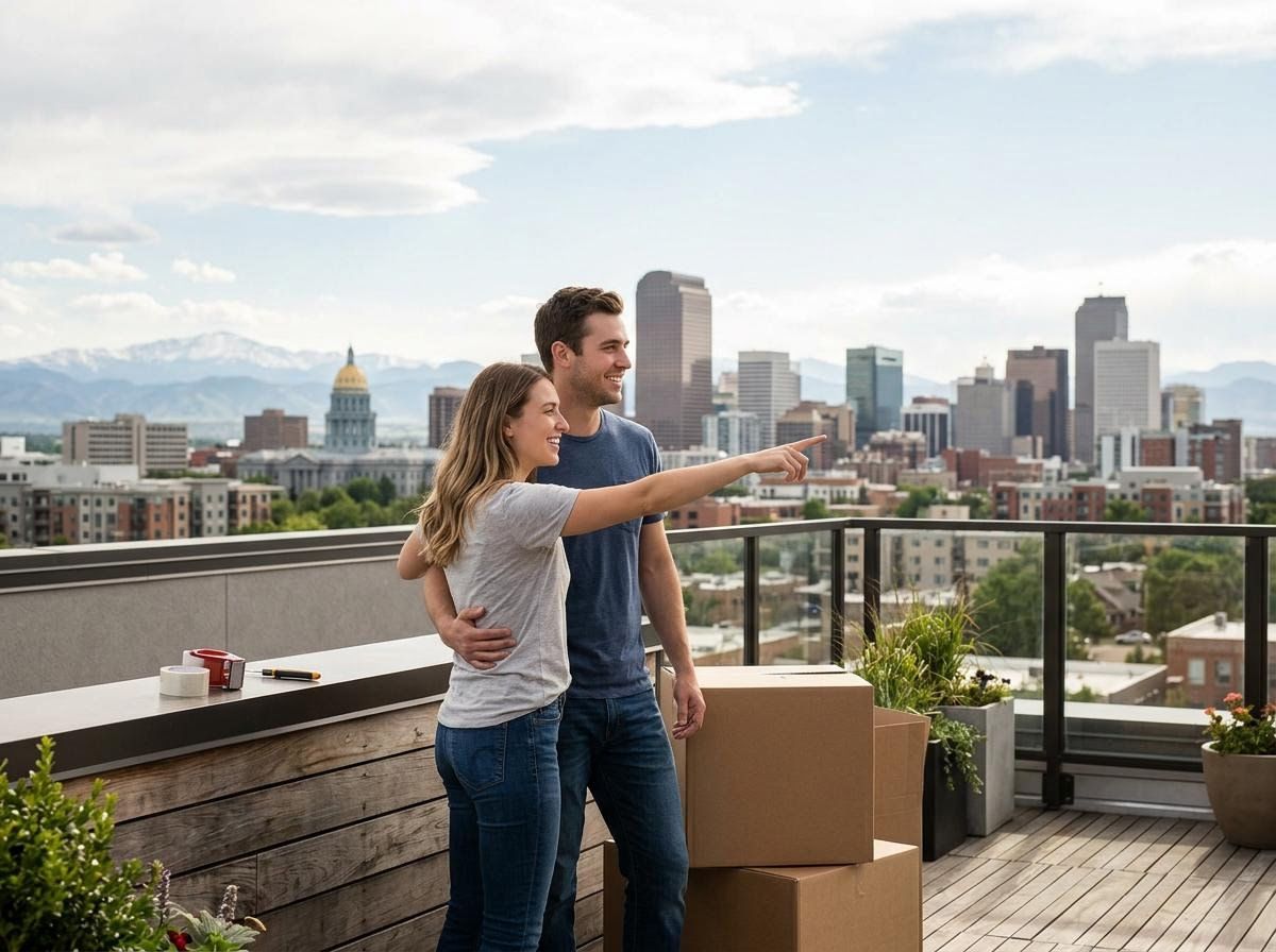 Smiling Couple on Rooftop with City and Mountain View