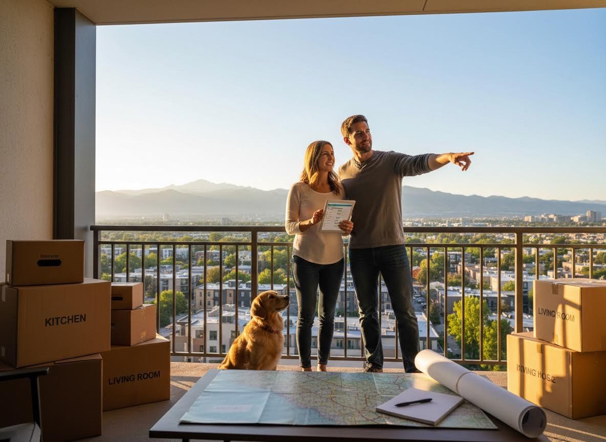 Couple and dog on balcony planning move with city and mountain view