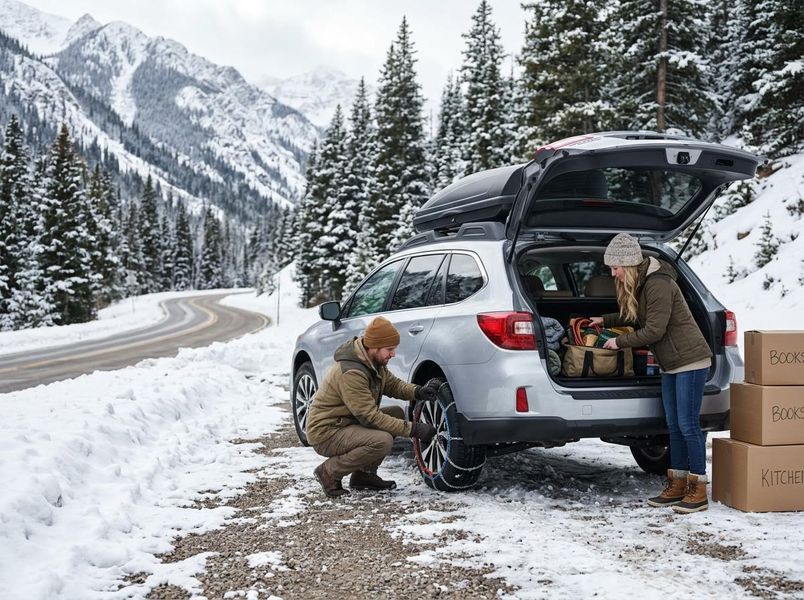 Couple preparing car with snow chains in winter mountains