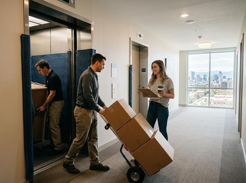 Two movers, one with boxes and one with furniture from an elevator, greet a woman with a clipboard in an apartment hallway overlooking a city. Professional Movers Assisting with Apartment Relocation