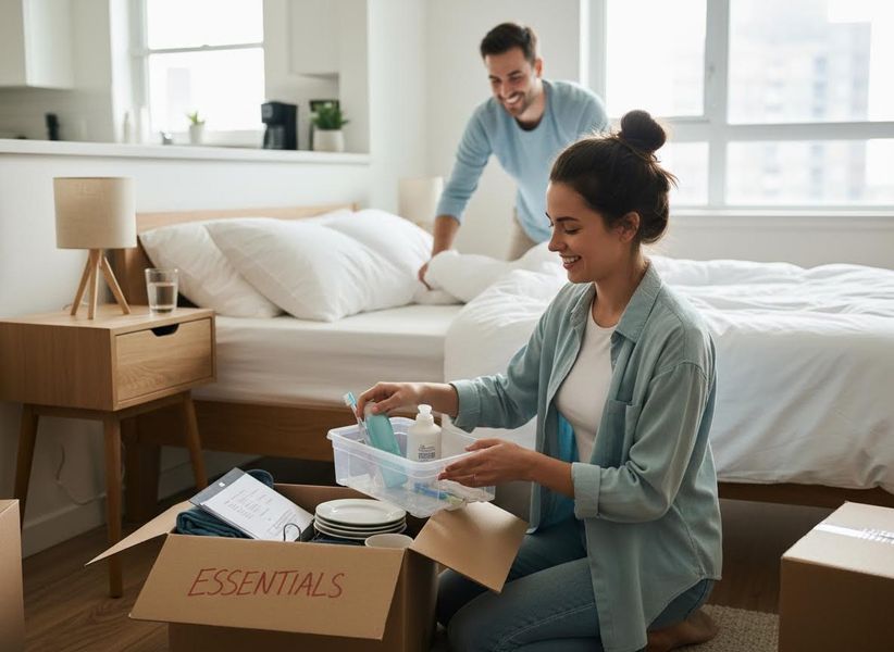 A happy couple unpacks essentials in their new bedroom. The woman sorts toiletries, and the man makes the bed. Smiling Couple Unpacking Essentials in New Bedroom