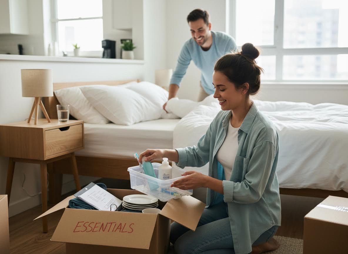 Smiling Couple Unpacking Essentials in New Bedroom