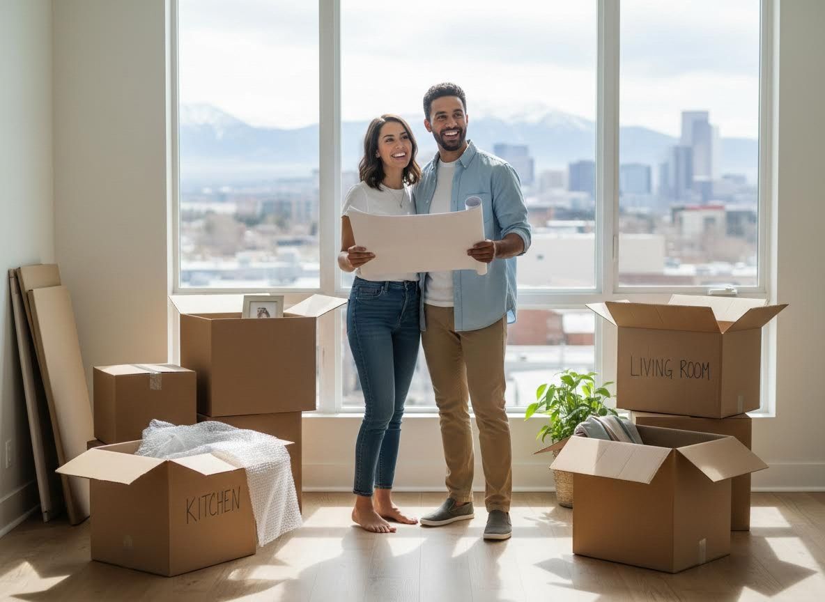 Happy couple planning their new apartment