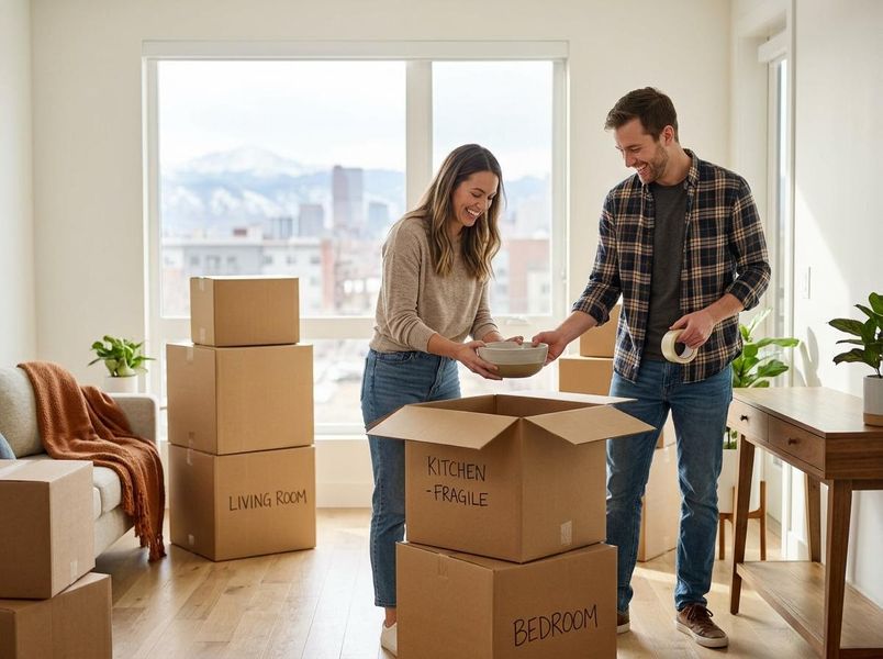 A smiling couple packs dishes into labeled moving boxes in their bright new apartment with city and mountain views in the background. Happy couple packing moving boxes in a new apartment
