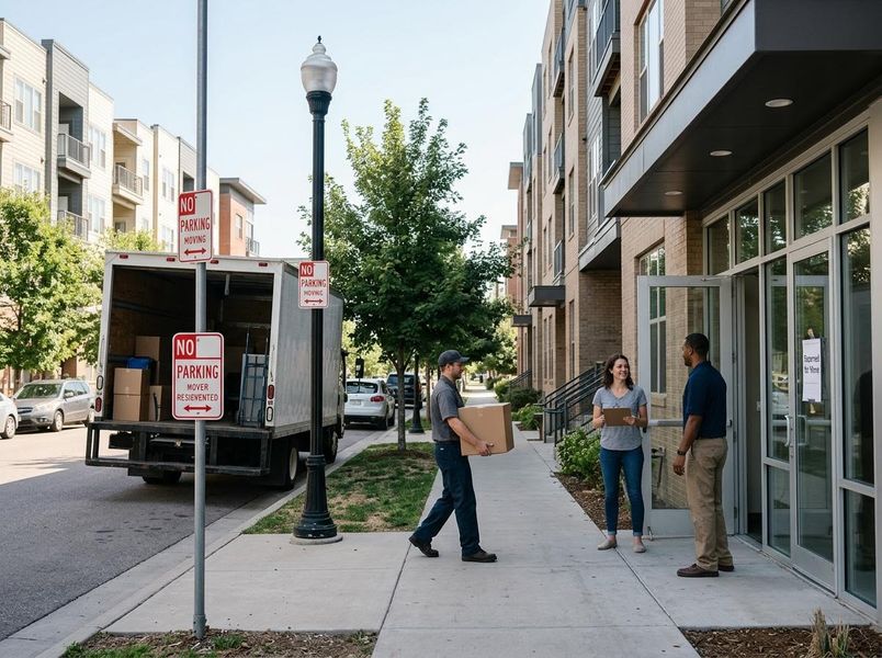 A mover carries a box towards a smiling couple standing outside a modern apartment building, with a moving truck in the background. Mover delivering a box to residents outside an apartment building