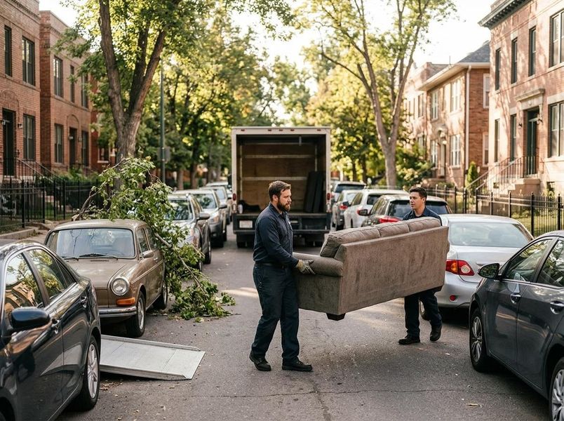 Two professional movers carry a large brown sofa down a busy urban street, past parked cars and a moving truck. Brick buildings line the road. Professional Movers Carrying Sofa on City Street